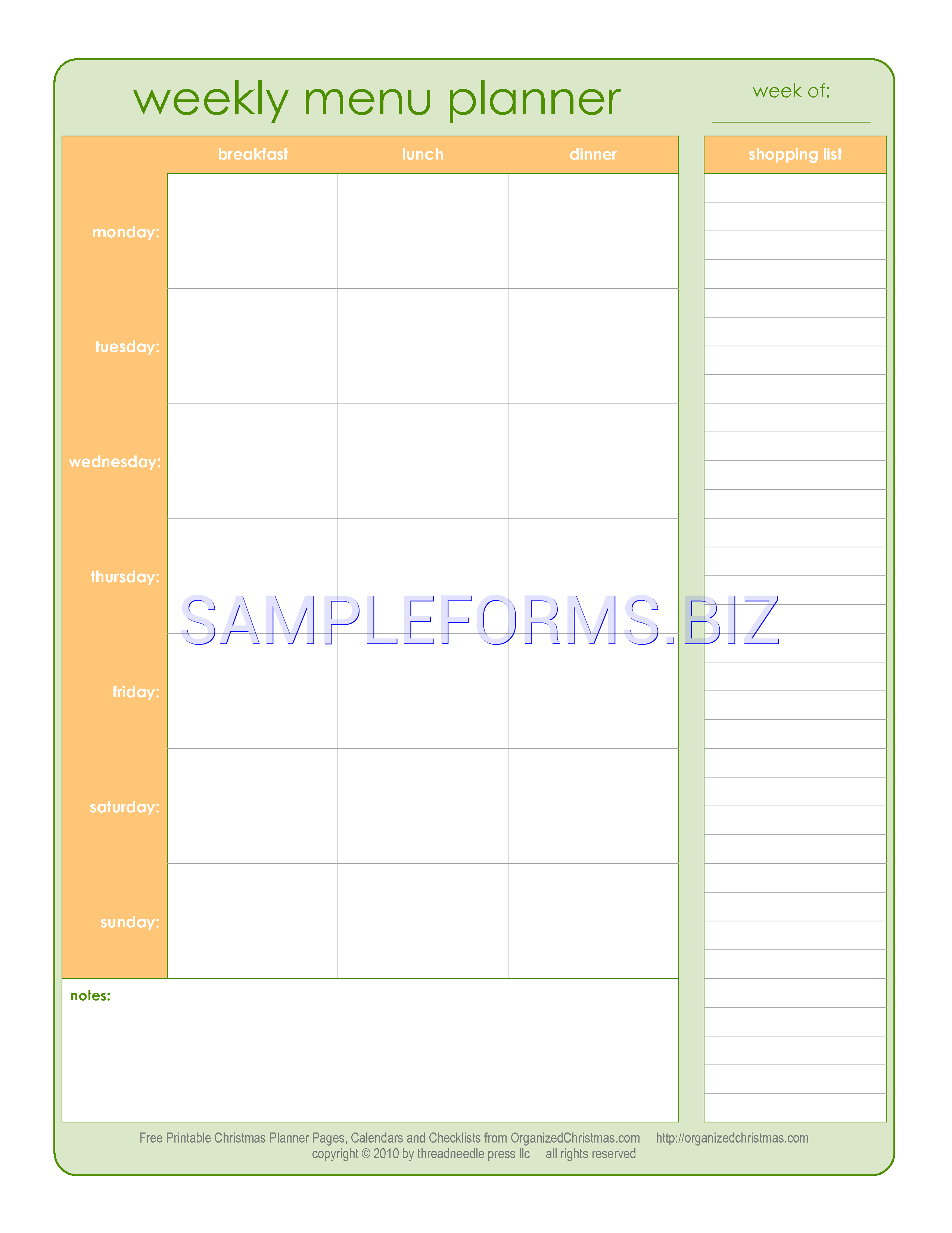 Preview free downloadable Menu Planner With Grocery List in PDF (page 1)