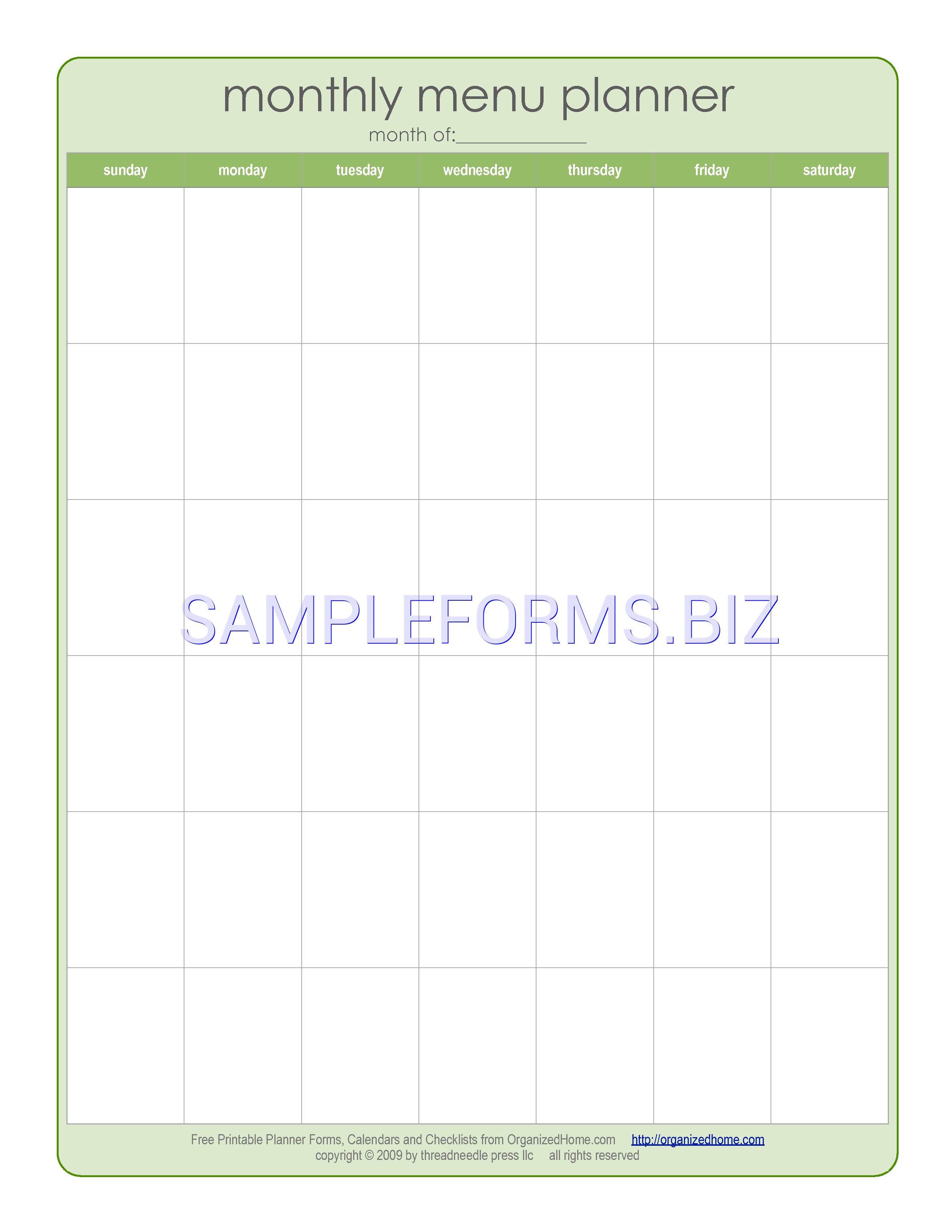 Preview free downloadable Monthly Menu Planner in PDF (page 1)